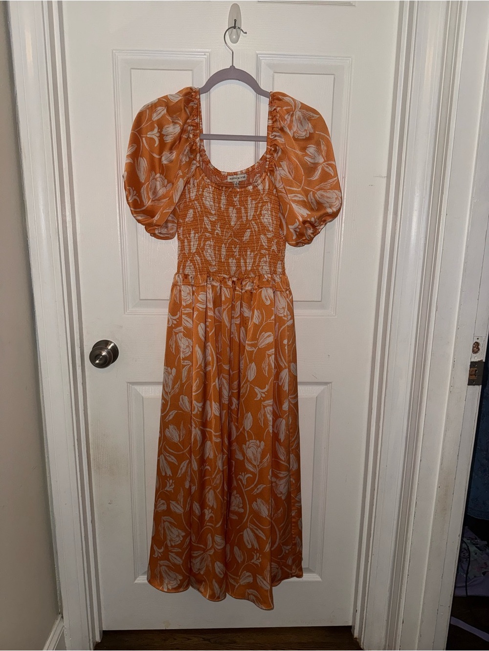 Moon River Orange Floral Midi Dress with Puff Sleeves